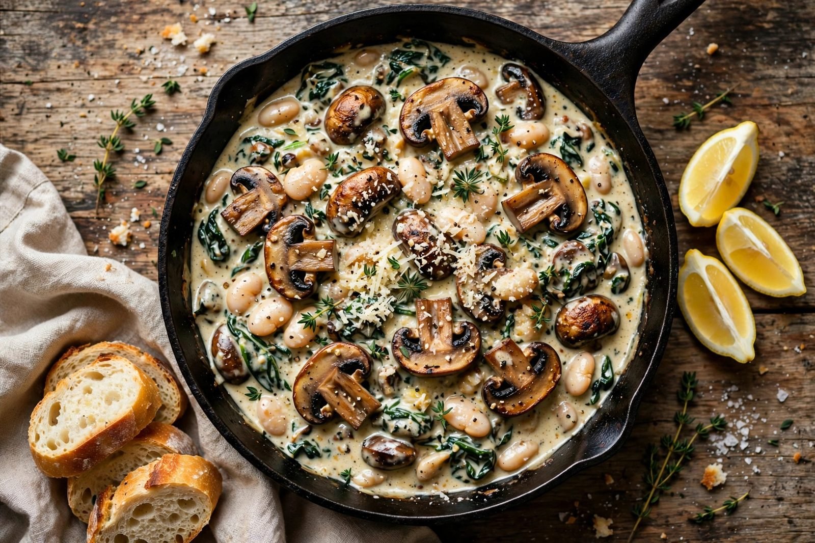 Overhead of the finished skillet: seared mushrooms and butter beans in a creamy parmesan-lemon sauce with spinach, thyme, and crusty bread. No people, no text.
