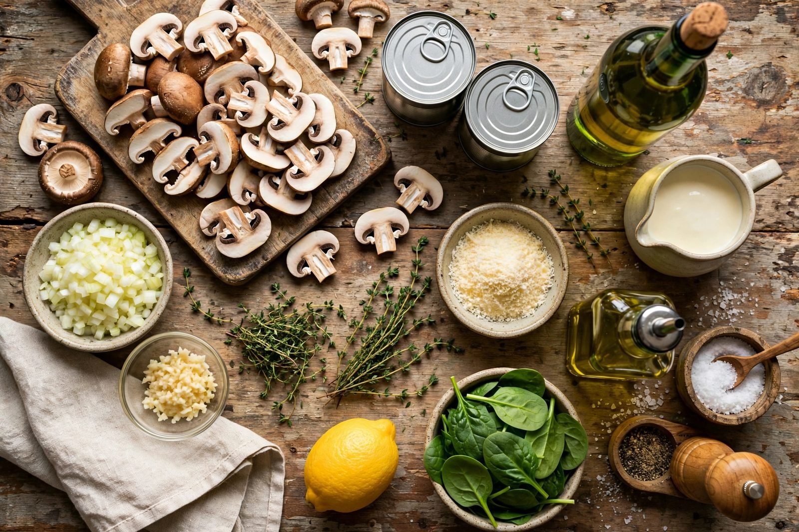 Overhead of mise en place: sliced mushrooms, butter beans, onion, garlic, thyme, white wine, broth, cream, spinach, Parmesan, and lemon on a counter. No people, no text.