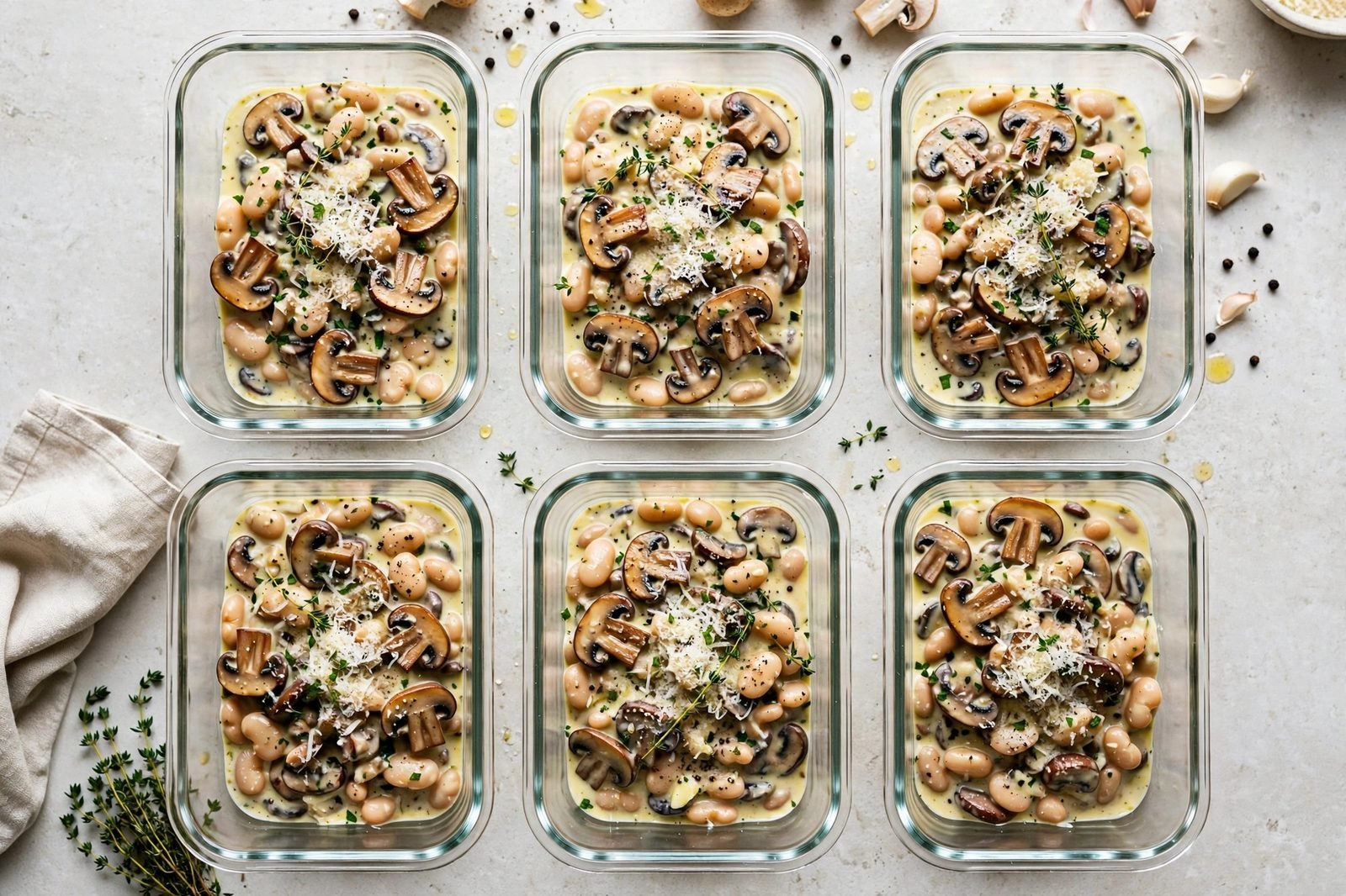 Overhead of meal-prep containers with the mushroom and butter bean skillet. No people, no text.