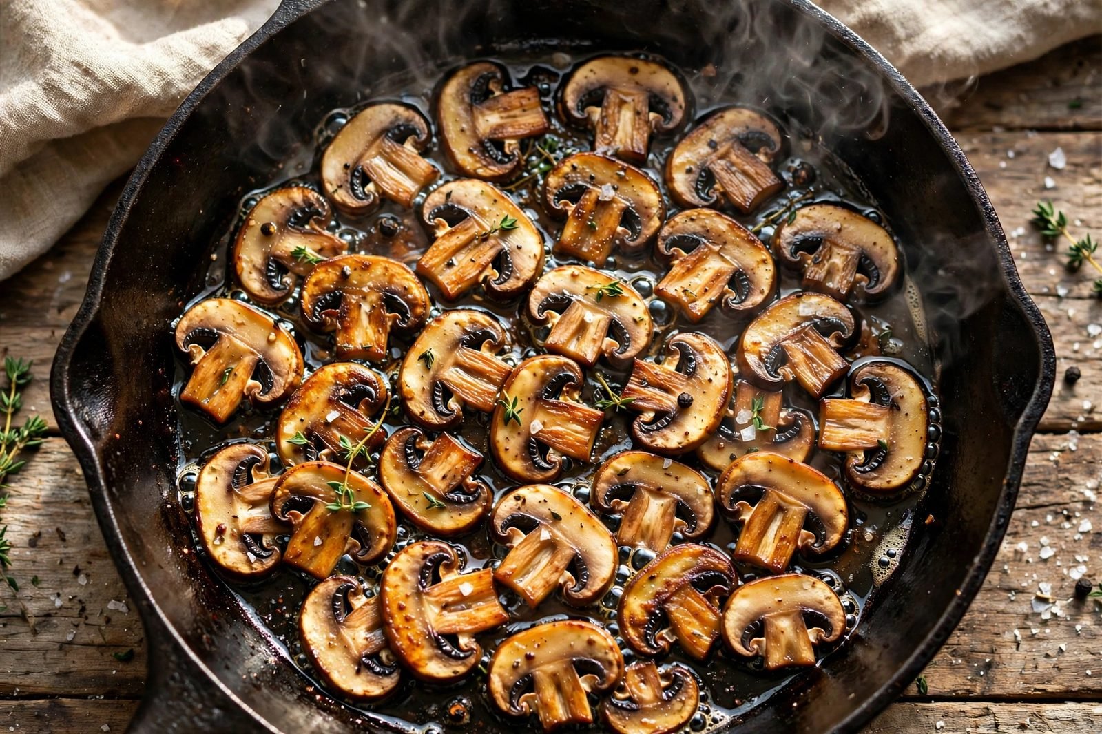Overhead of mushroom slices searing hard and browning in a single layer in the skillet. No people, no text.