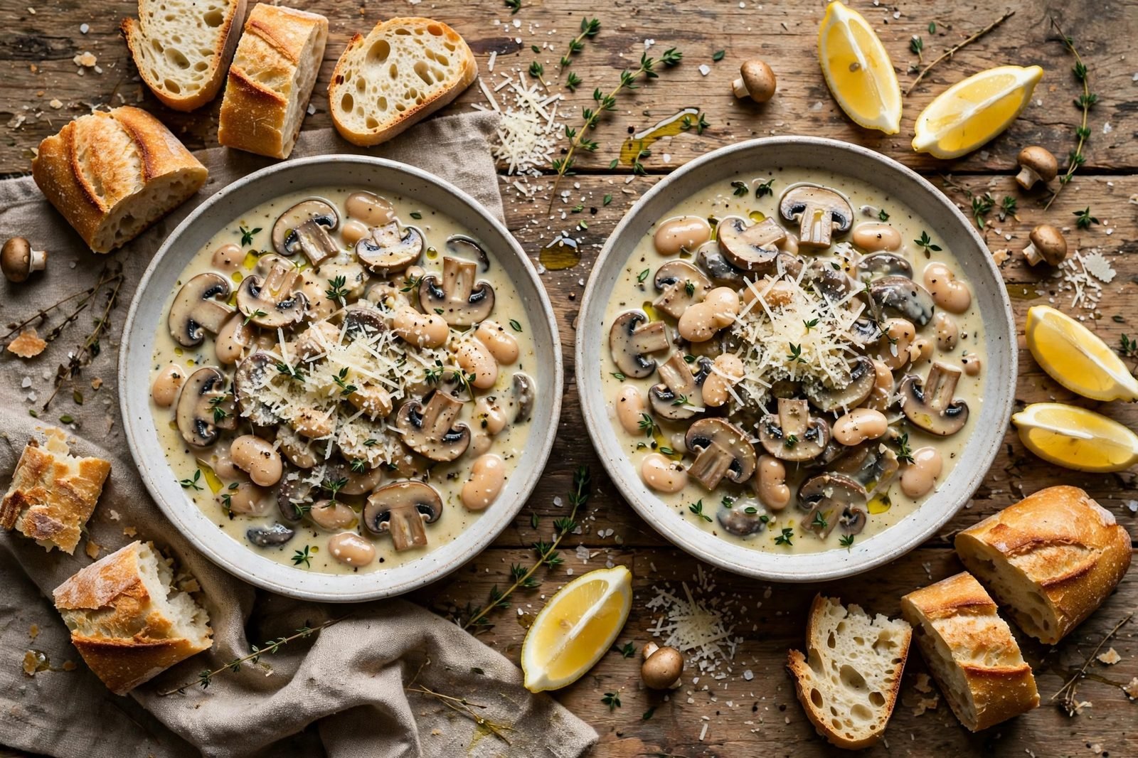 Overhead of served shallow bowls of the mushroom and butter bean skillet with crusty bread. No people, no text.