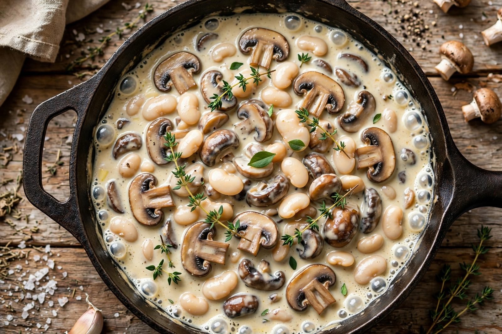Overhead of the creamy sauce simmering gently in the skillet. No people, no text.