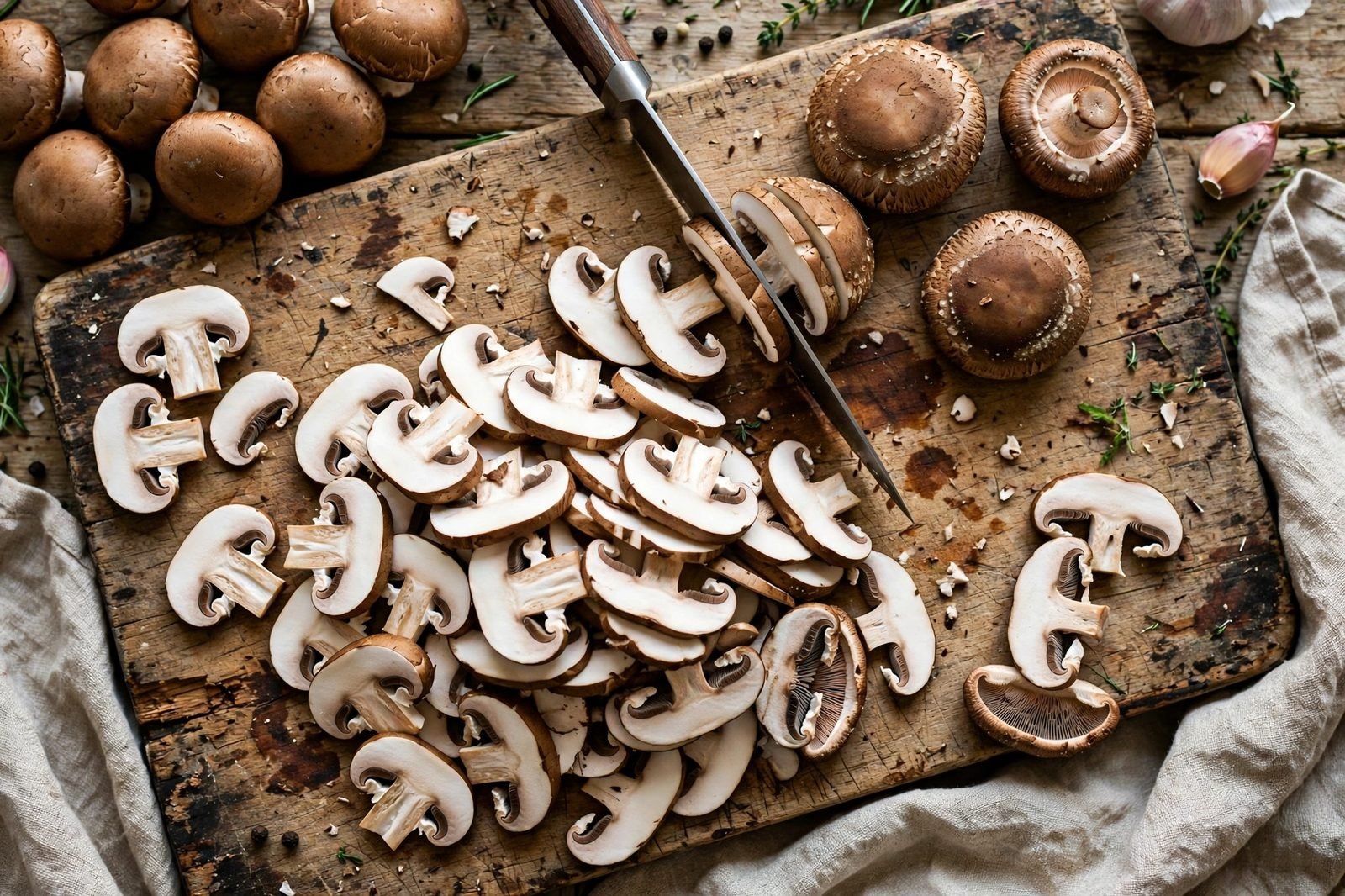 Overhead of mushrooms being sliced on a cutting board. No people, no text.