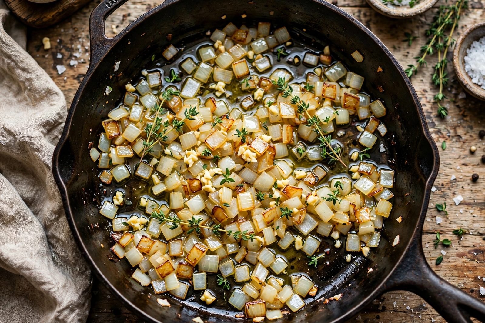Overhead of diced onion softening with garlic and thyme in the skillet. No people, no text.