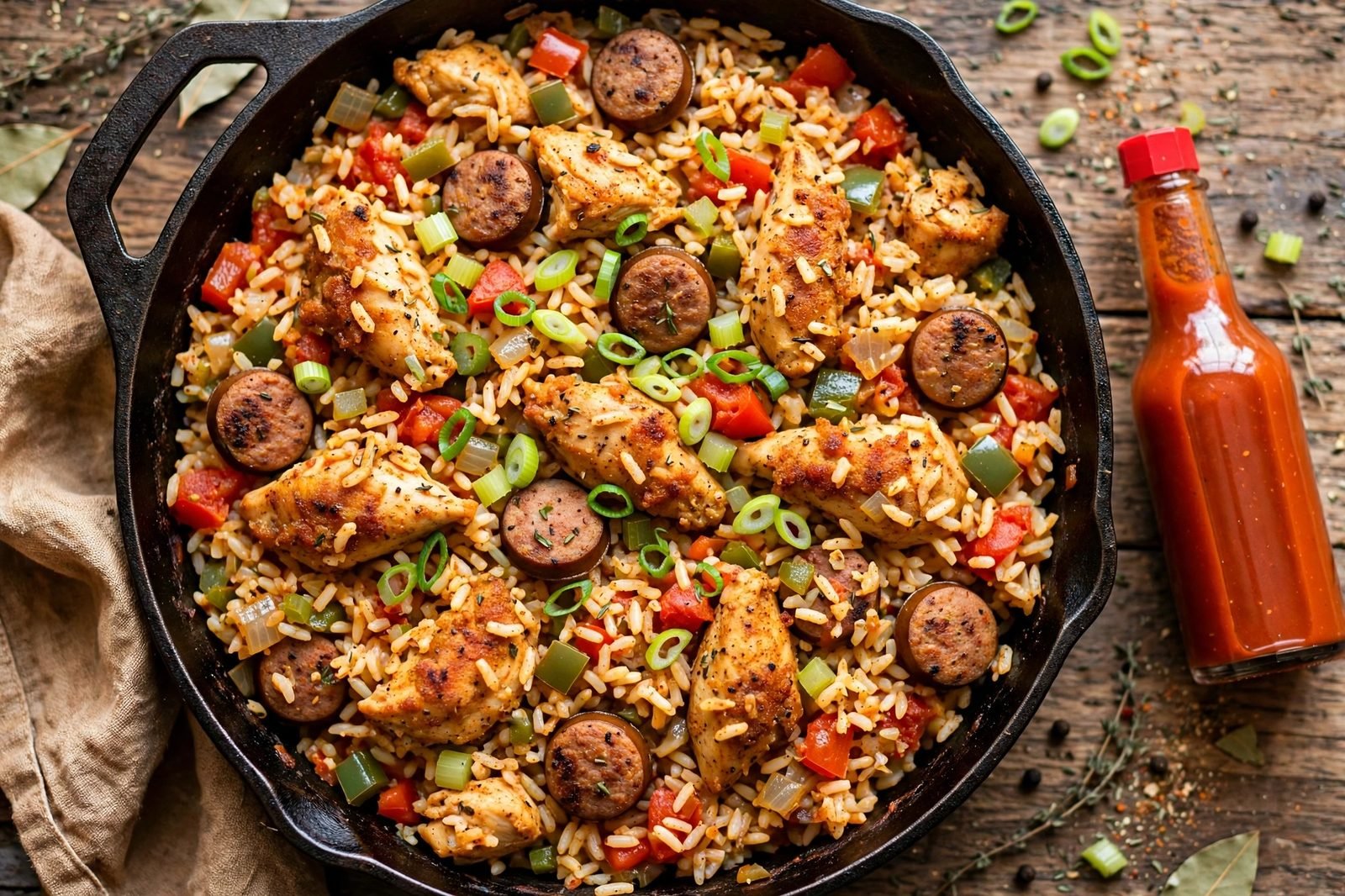 Overhead of the finished skillet: jambalaya-style chicken and sausage with seasoned rice, peppers, tomatoes, and scallions, hot sauce bottle beside. No people, no text.