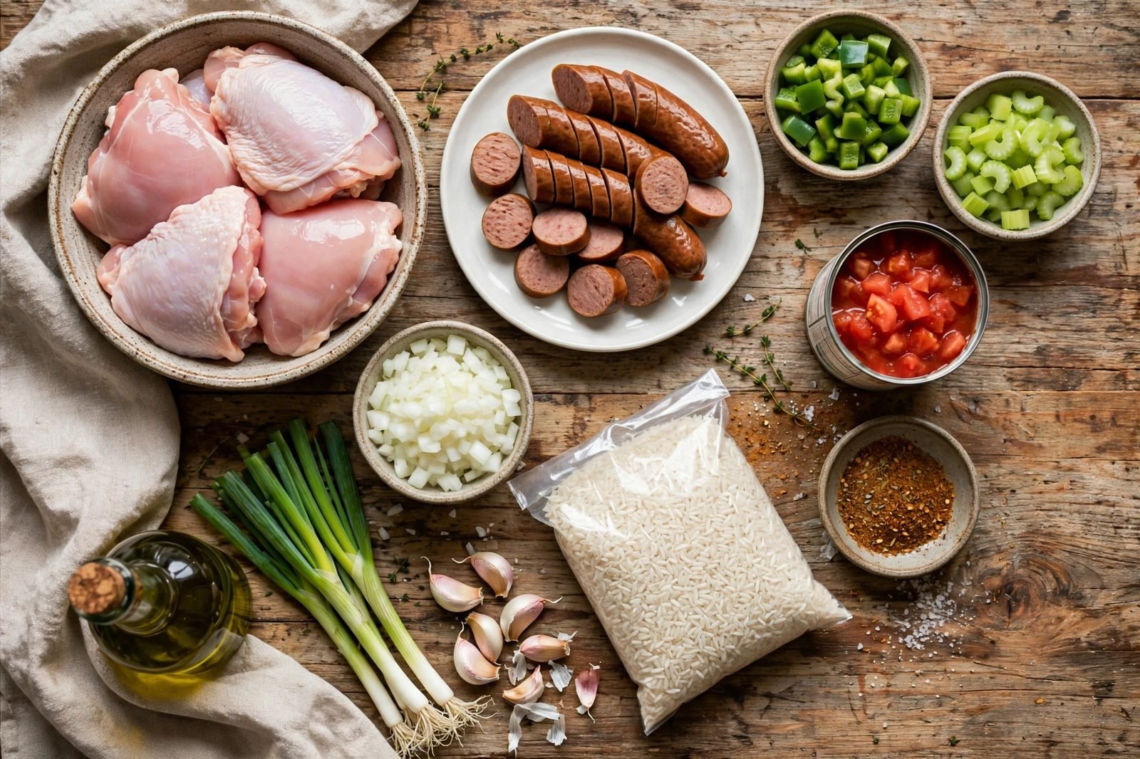 Overhead of mise en place: chicken thighs, smoked sausage, onion, bell pepper, celery, garlic, diced tomatoes, instant rice, and broth on a counter. No people, no text.
