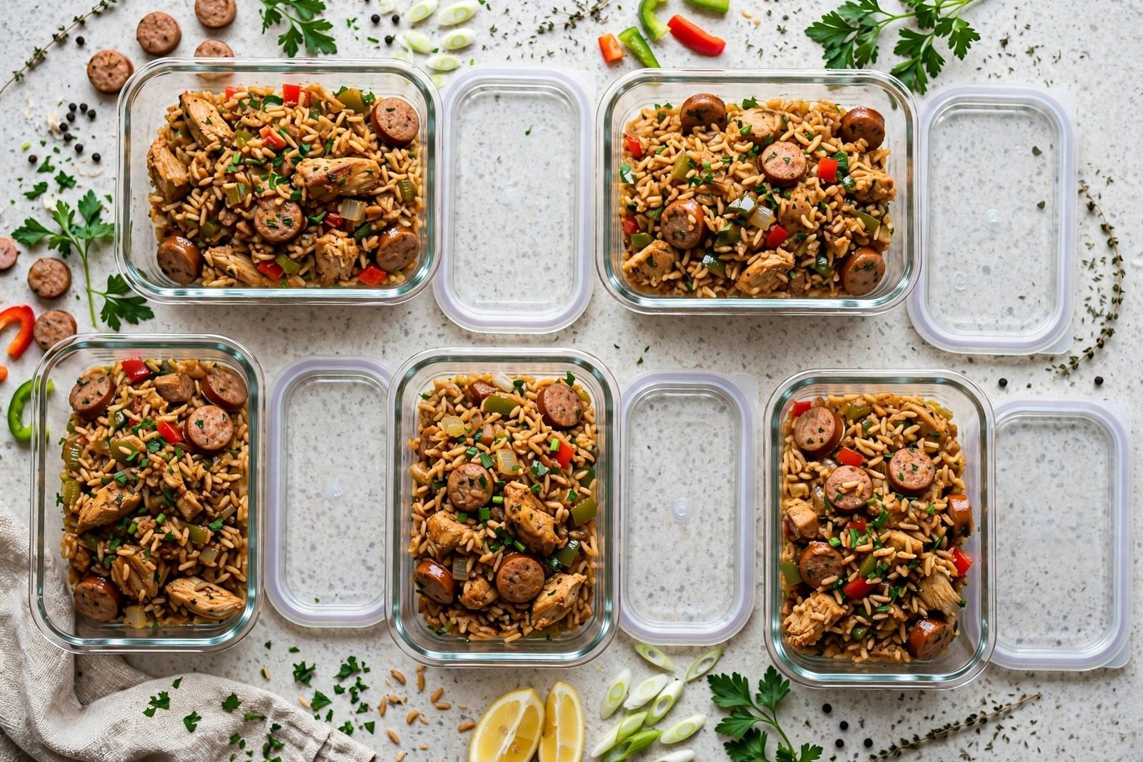 Overhead of meal-prep containers portioned with jambalaya-style chicken and sausage. No people, no text.