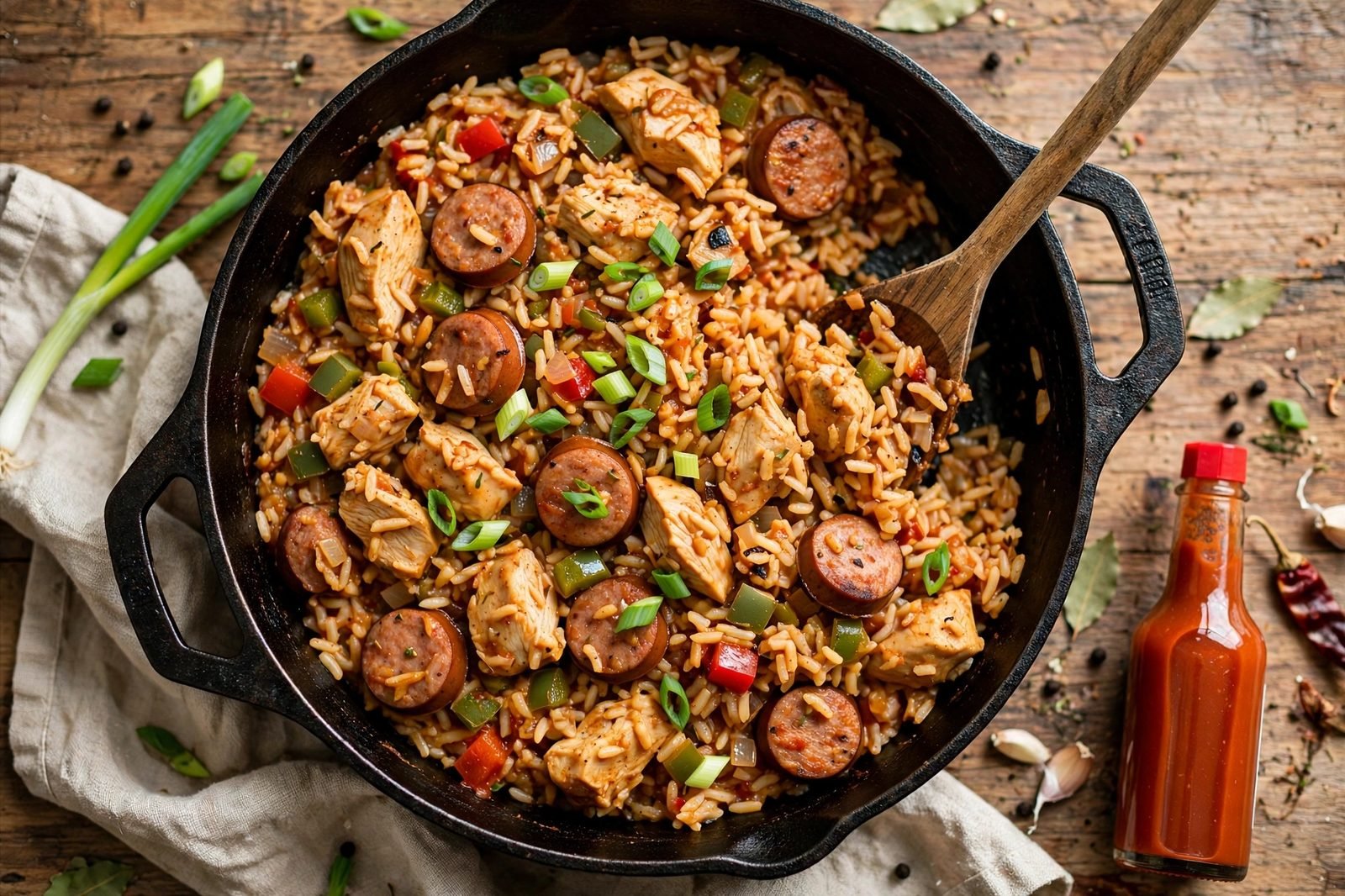 Overhead of the full skillet of jambalaya-style chicken and sausage with a hot sauce bottle beside it. No people, no text.