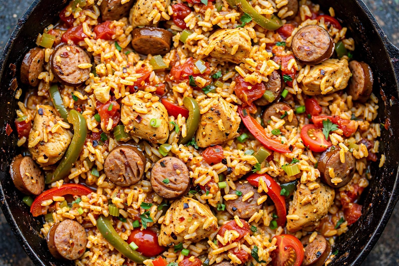 Overhead close-up of fluffy seasoned rice with chicken pieces and sausage rounds in the skillet. No people, no text.