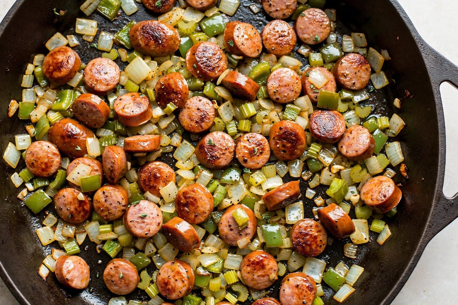Overhead of browned sausage rounds with diced onion, bell pepper, and celery softening in the skillet. No people, no text.