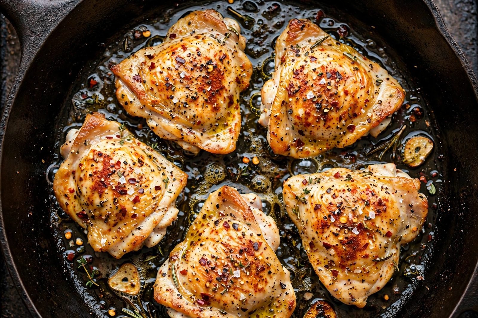 Overhead of chicken pieces searing golden in a skillet with Cajun seasoning. No people, no text.