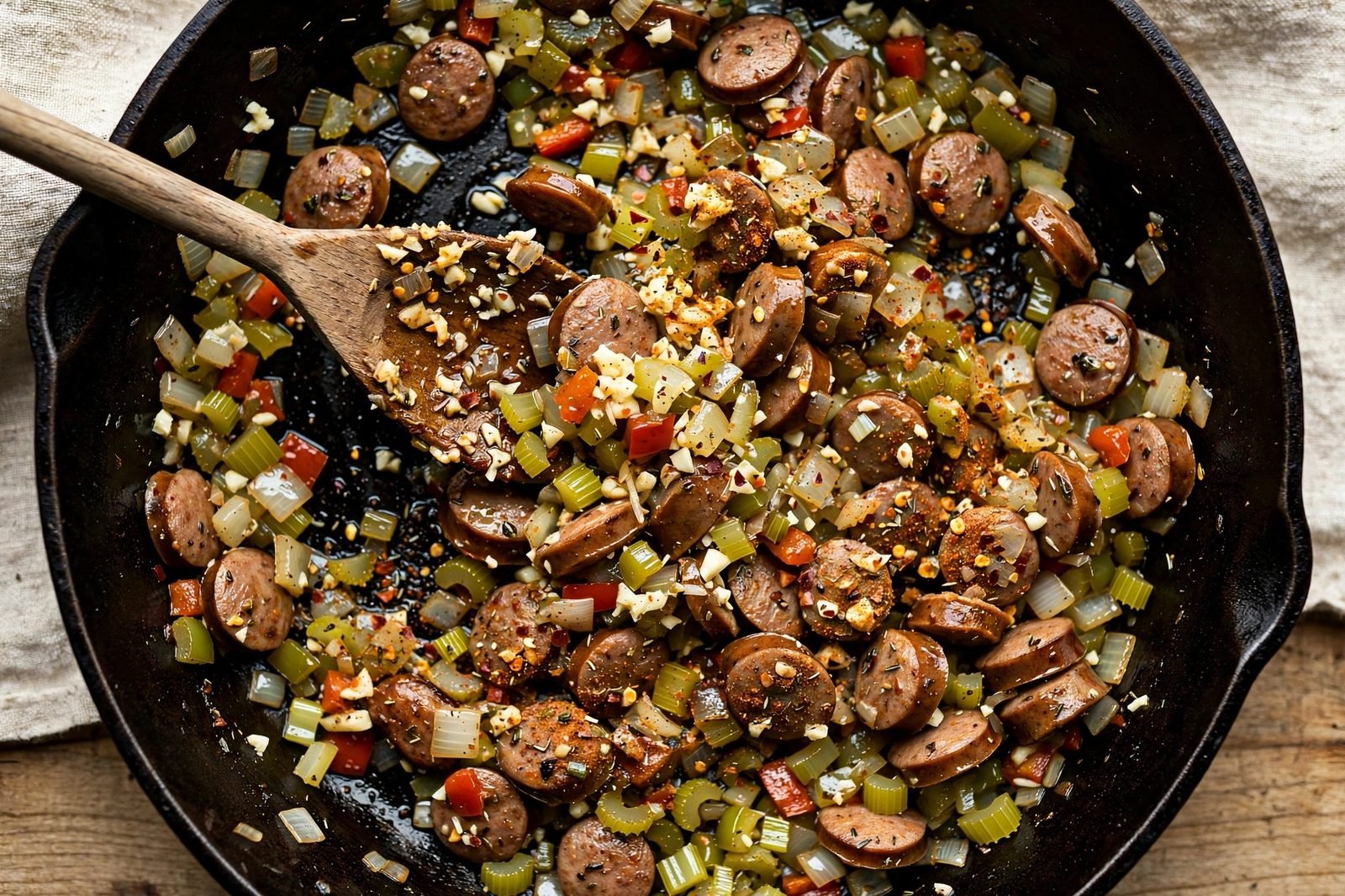 Overhead of Cajun seasoning and minced garlic being stirred into the skillet vegetables. No people, no text.