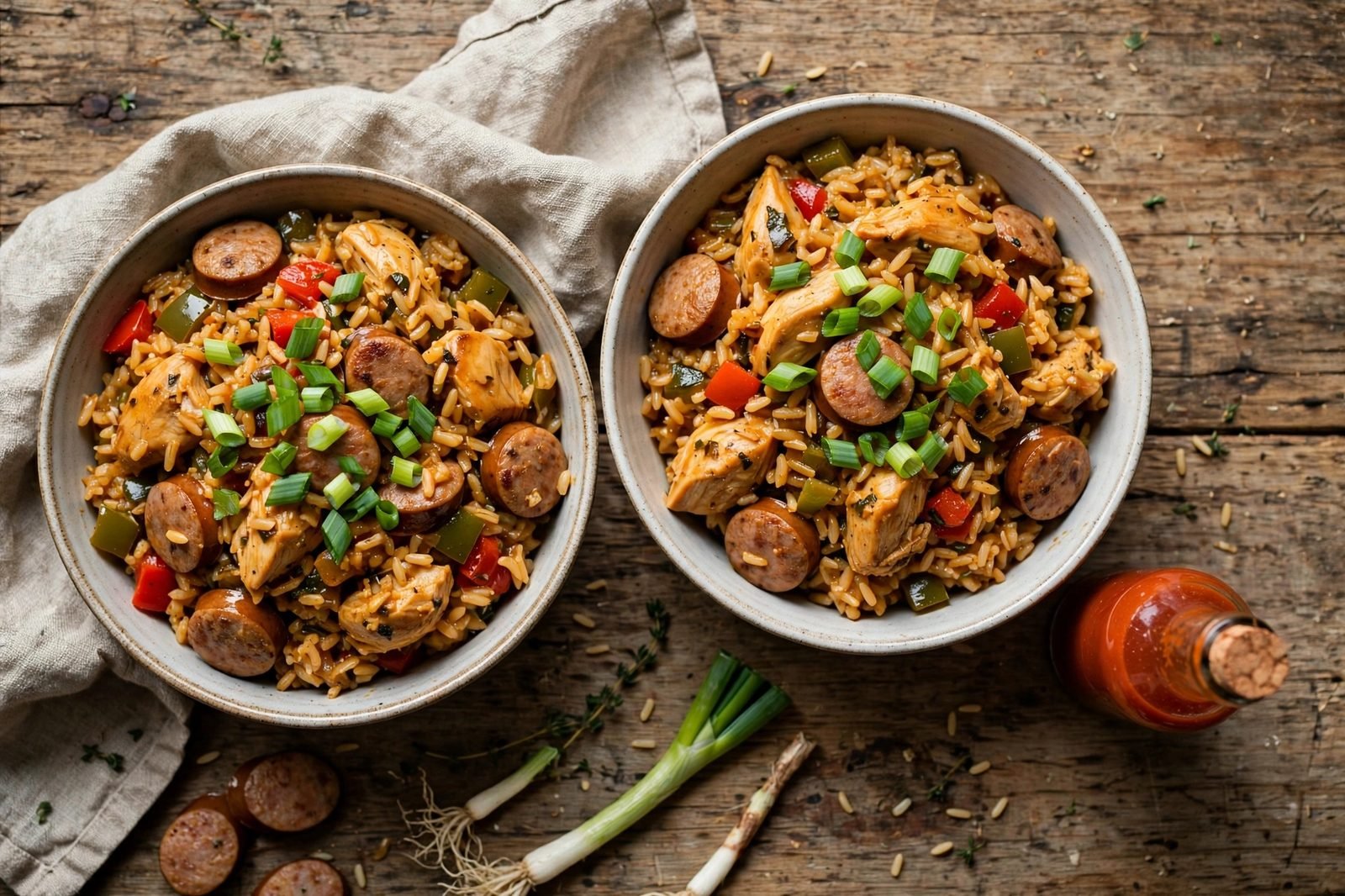 Overhead of served bowls of jambalaya-style chicken and sausage with scallions. No people, no text.