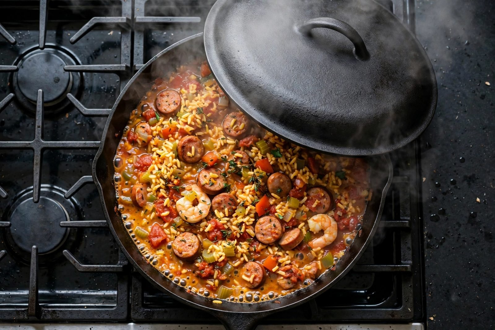 Overhead of the skillet simmering with rice, chicken, and sausage under steam. No people, no text.