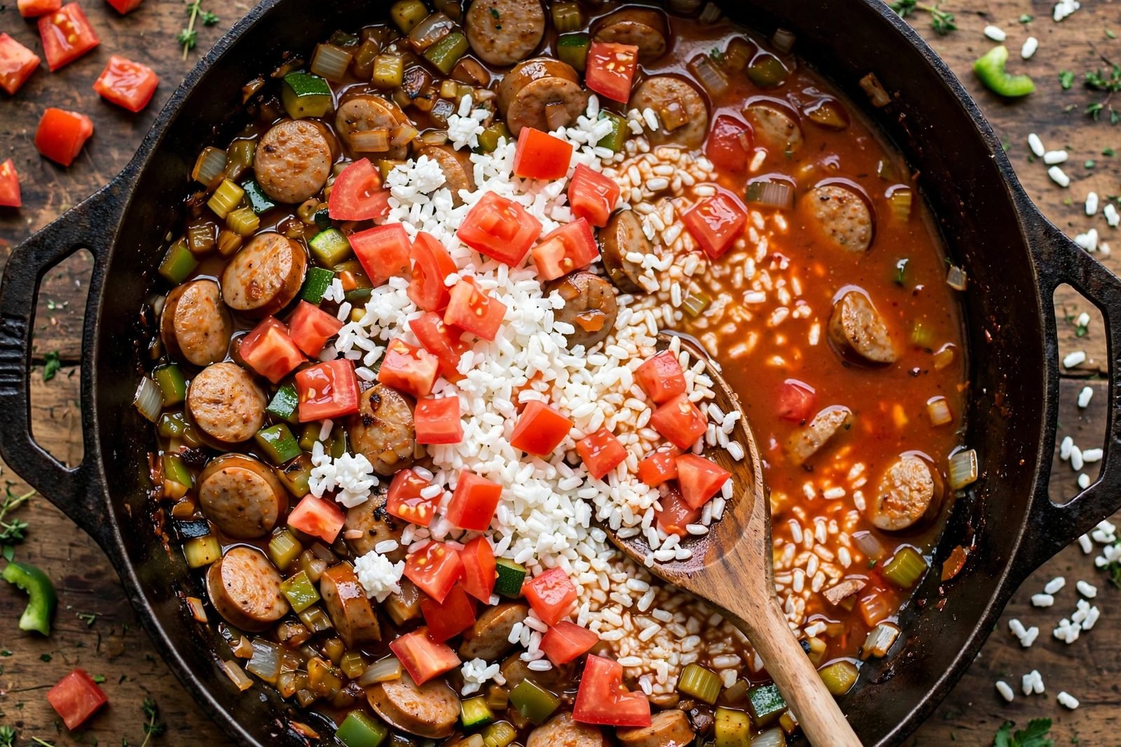 Overhead of diced tomatoes and chicken broth being added to the skillet with instant rice. No people, no text.