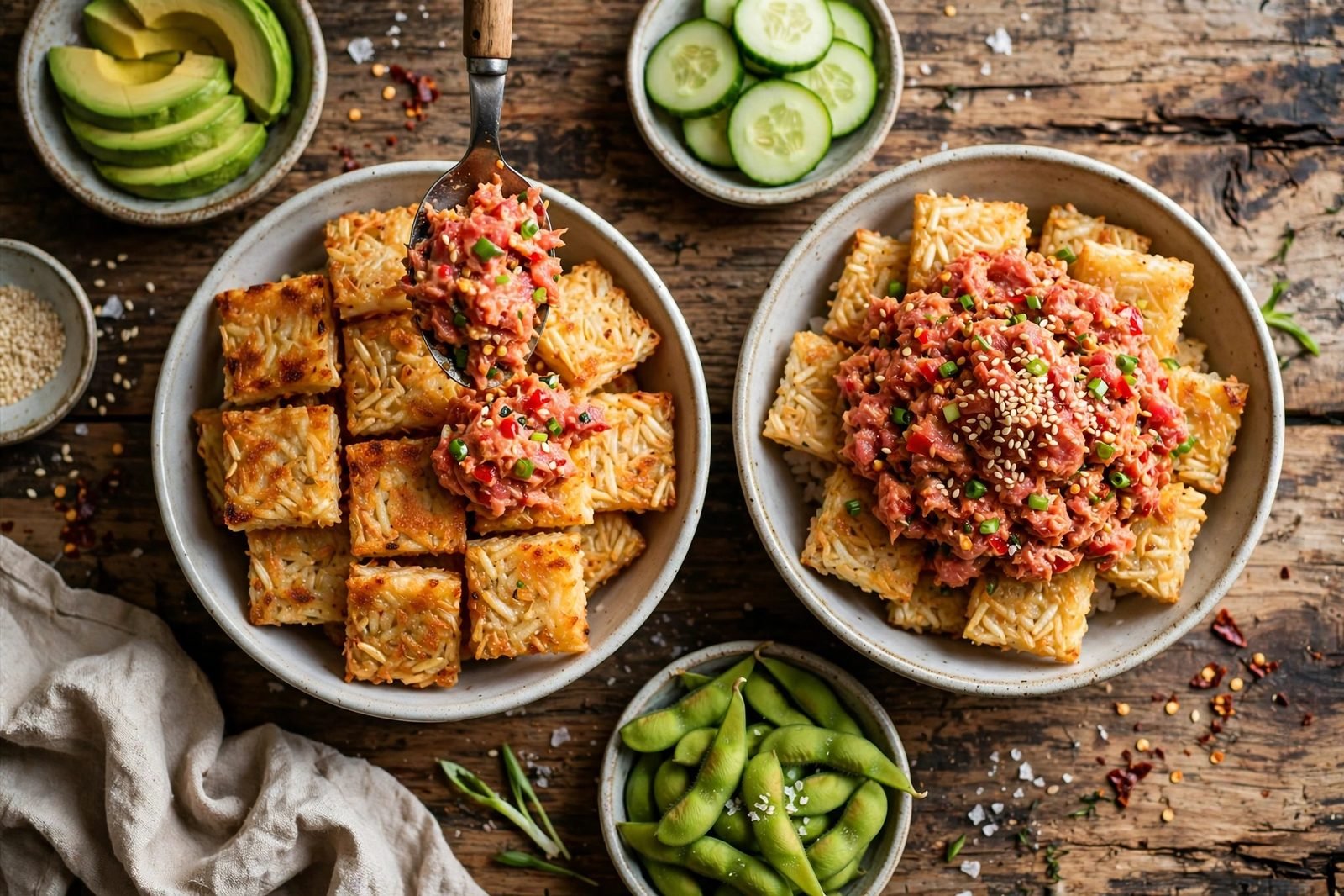 Overhead of crispy rice squares being topped with spicy tuna and toppings in bowls. No people, no text.