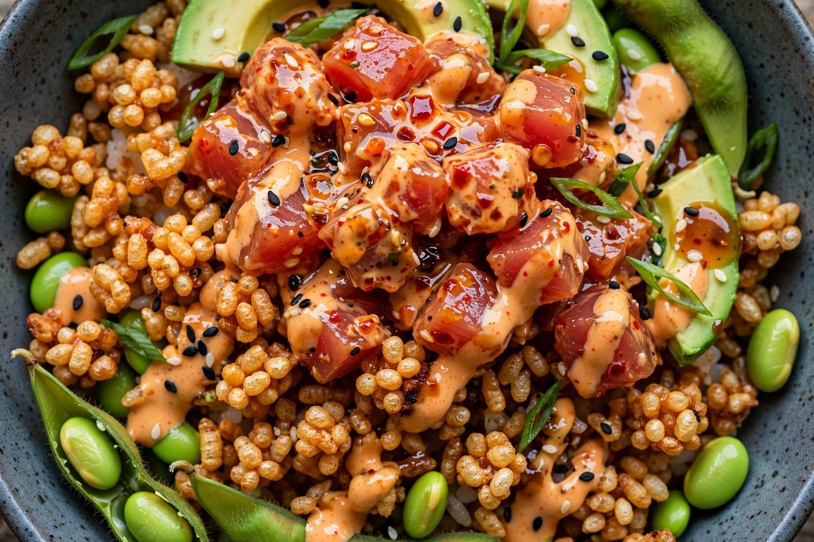 Overhead close-up of a finished spicy tuna crispy rice bowl with drizzles and sesame seeds. No people, no text.