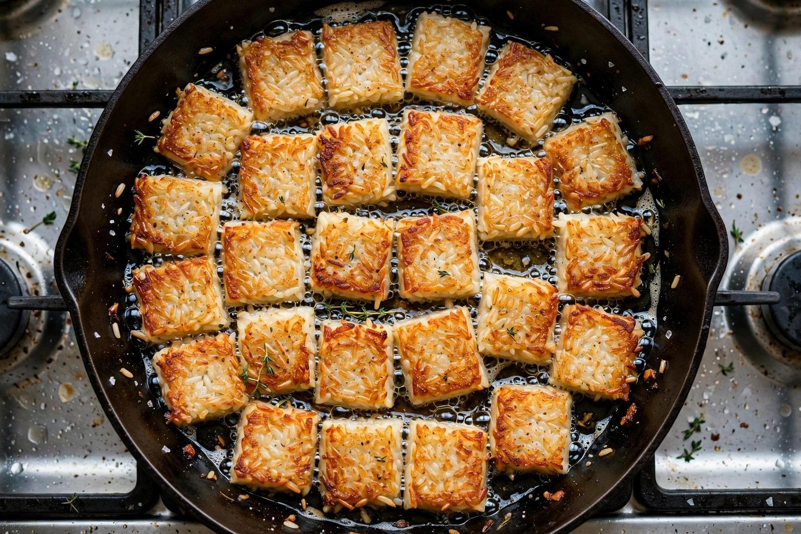 Overhead of rice squares crisping golden in a hot skillet. No people, no text.