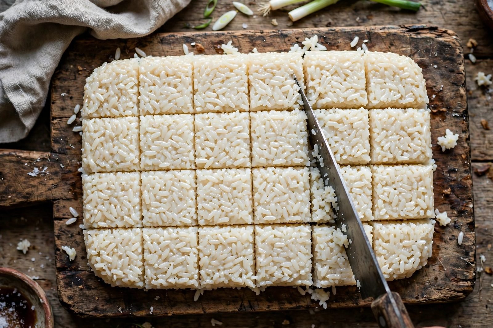 Overhead of the pressed rice slab being cut into squares. No people, no text.