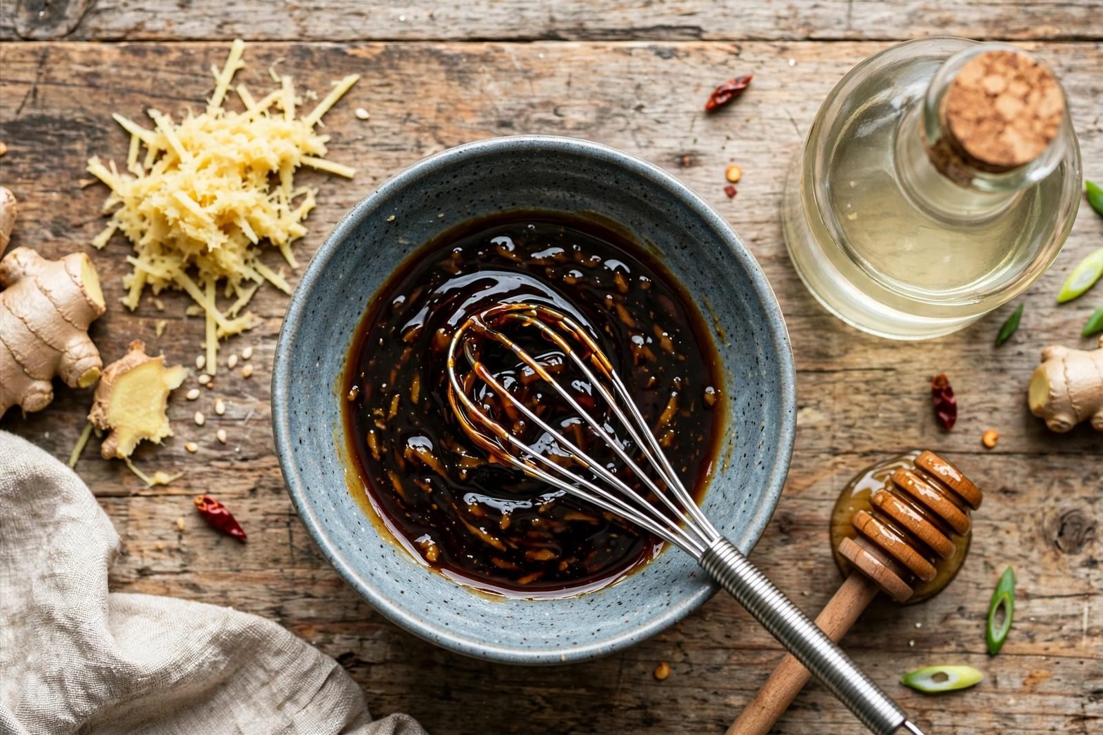 Overhead of the soy-ginger drizzle being whisked in a small bowl. No people, no text.