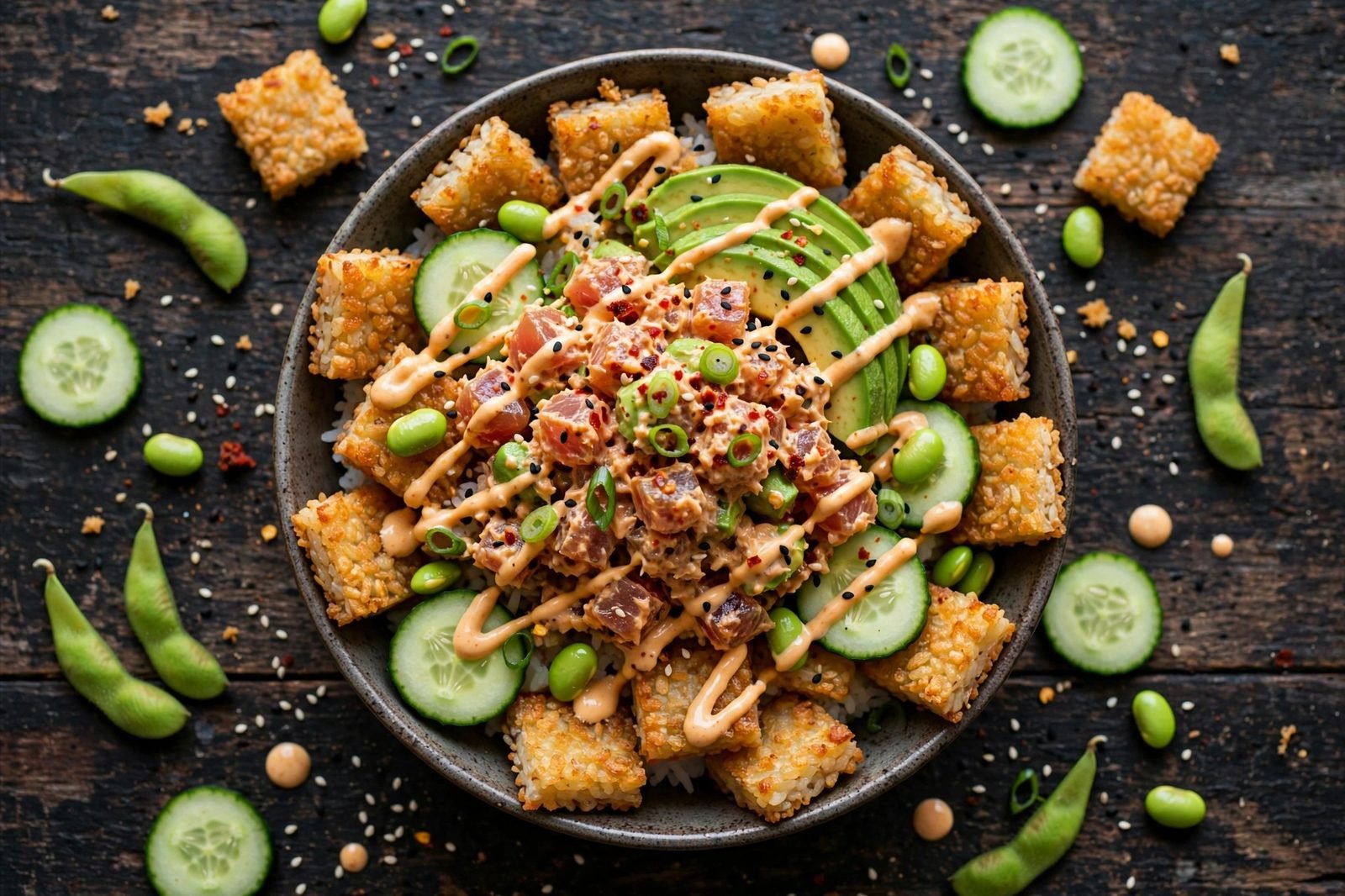 Overhead of spicy tuna crispy rice bowls: golden rice squares topped with spicy tuna, avocado, cucumber, edamame, and drizzles. No people, no text.