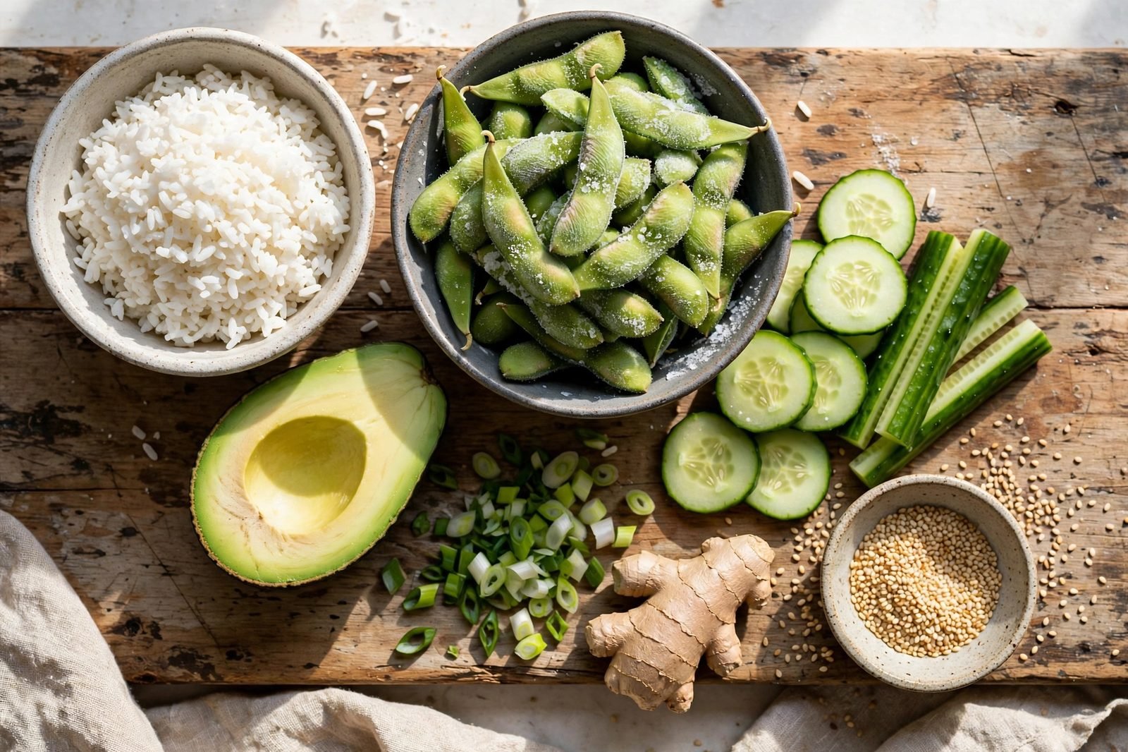 Overhead of mise en place: cooked rice, canned tuna, mayonnaise, sriracha, soy sauce, avocado, cucumber, edamame, and sesame seeds. No people, no text.