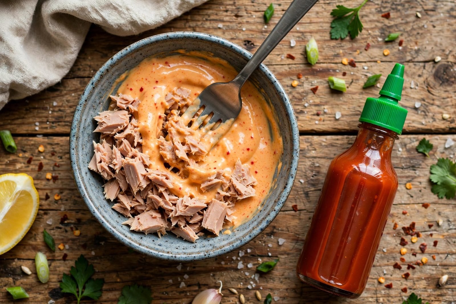 Overhead of tuna being mixed with mayonnaise, sriracha, and scallions in a small bowl. No people, no text.