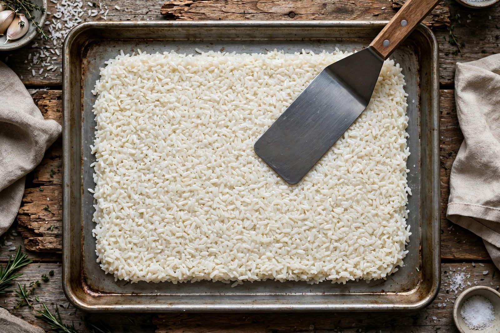 Overhead of cold rice being pressed into an even slab. No people, no text.