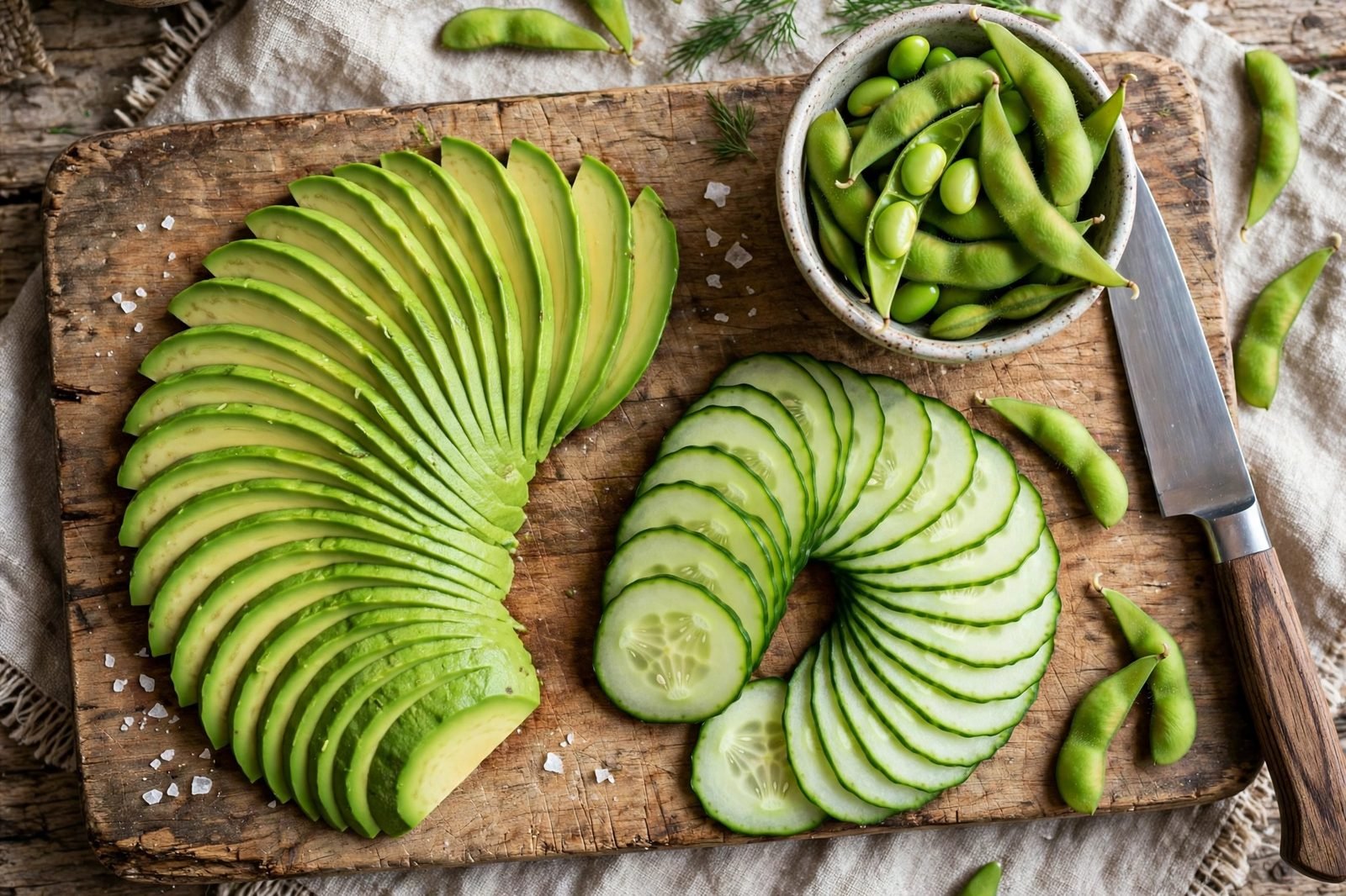 Overhead of avocado and cucumber being sliced on a cutting board. No people, no text.