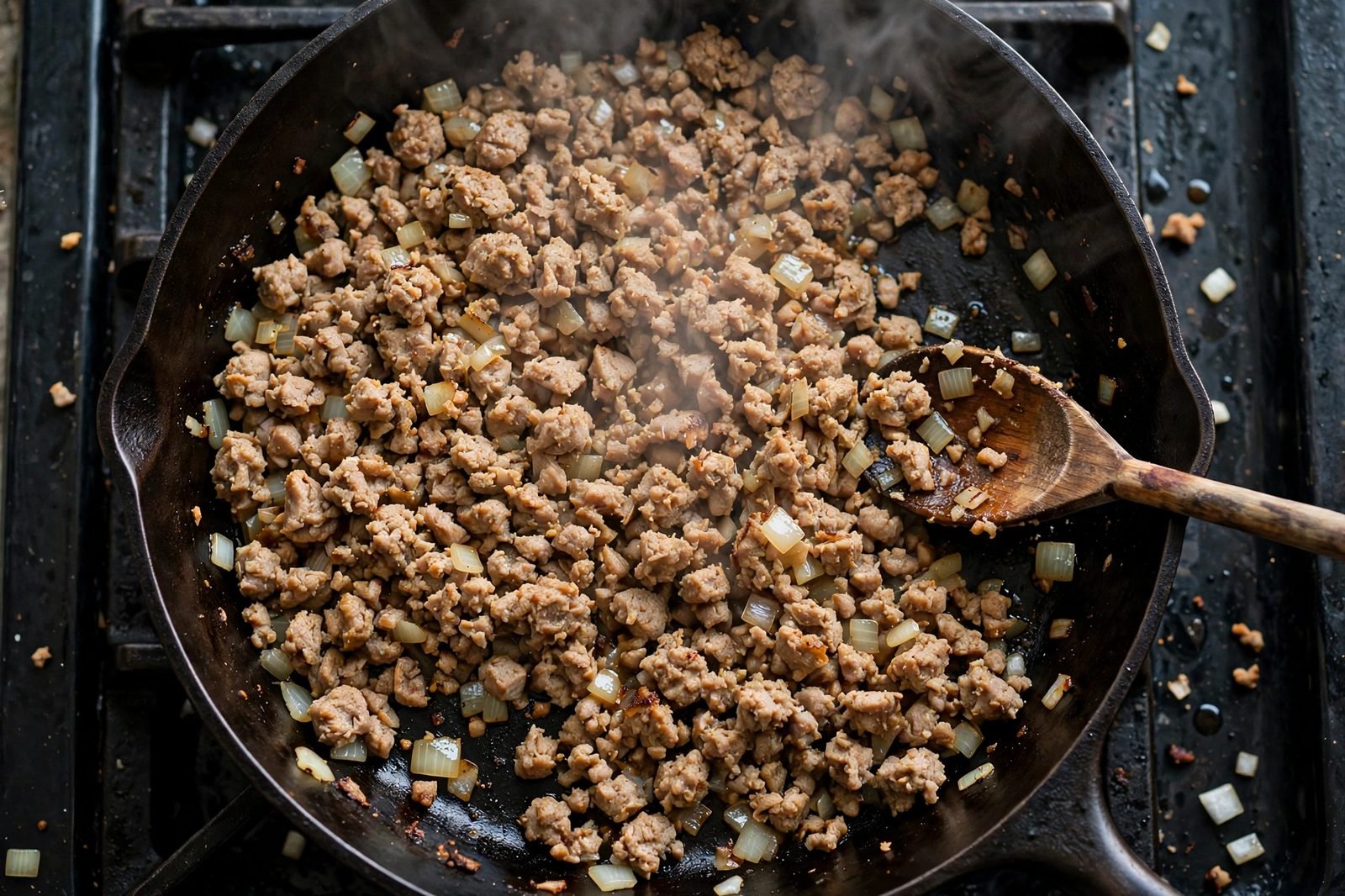 Overhead of ground turkey crumbles browning with onion in a skillet. No people, no text.