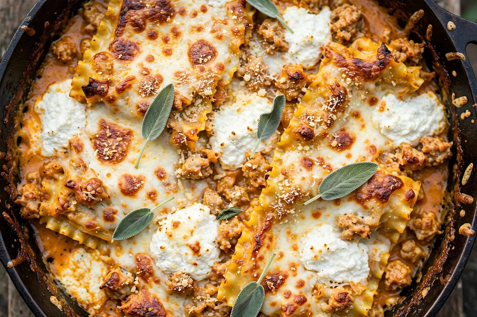 Overhead of melted mozzarella and Parmesan bubbling over the skillet. No people, no text.