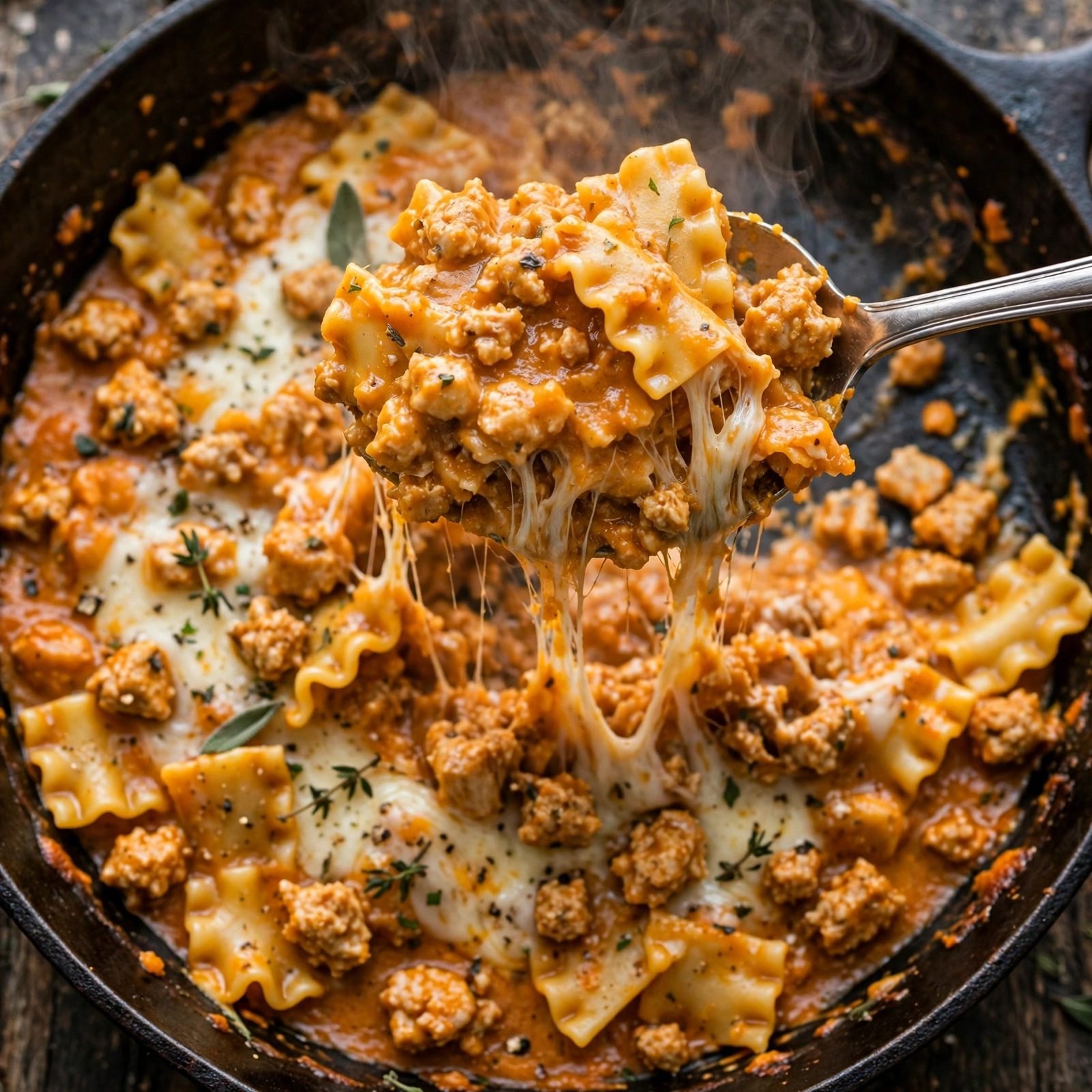 Overhead close-up of a serving spoonful showing noodles, pumpkin sauce, and melted cheese. No people, no text.
