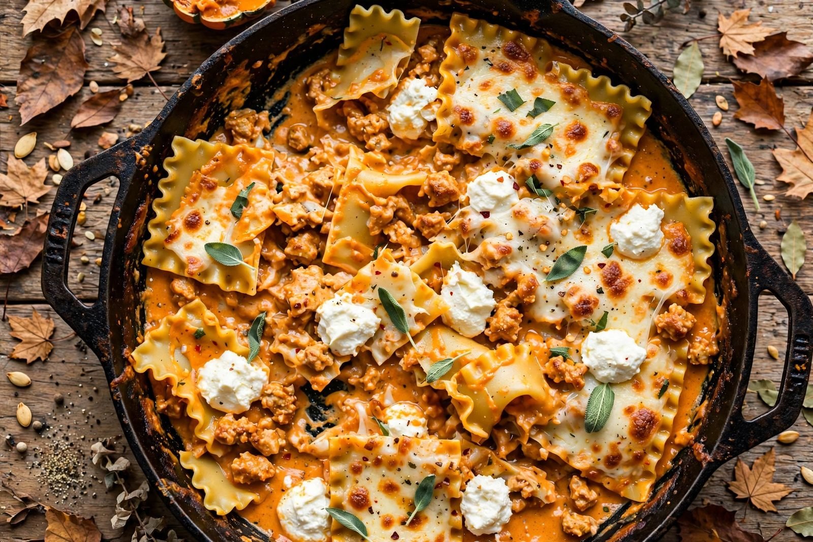 Overhead of the finished skillet: turkey pumpkin lasagna with ricotta dollops, melted mozzarella, and sage. No people, no text.