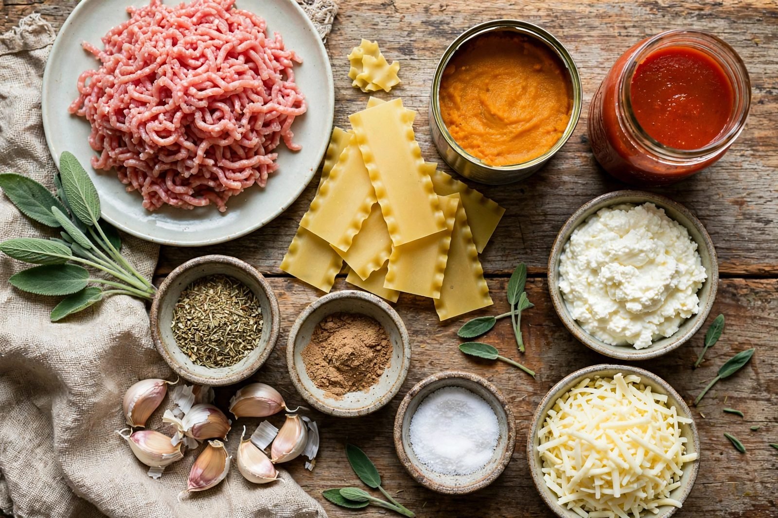 Overhead of mise en place: ground turkey, lasagna noodles, canned pumpkin, marinara, ricotta, mozzarella, and sage. No people, no text.