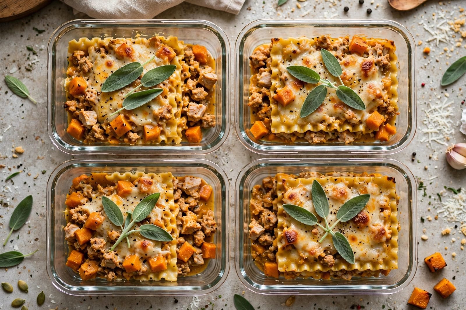 Overhead of meal-prep containers portioned with turkey pumpkin lasagna. No people, no text.