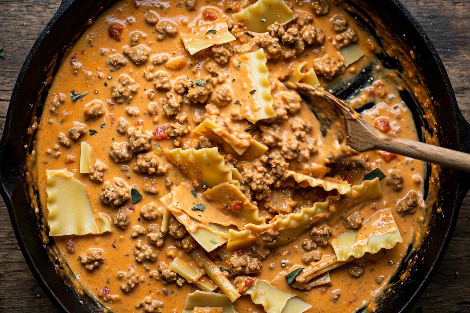 Overhead of broken lasagna noodles being stirred into the pumpkin sauce. No people, no text.