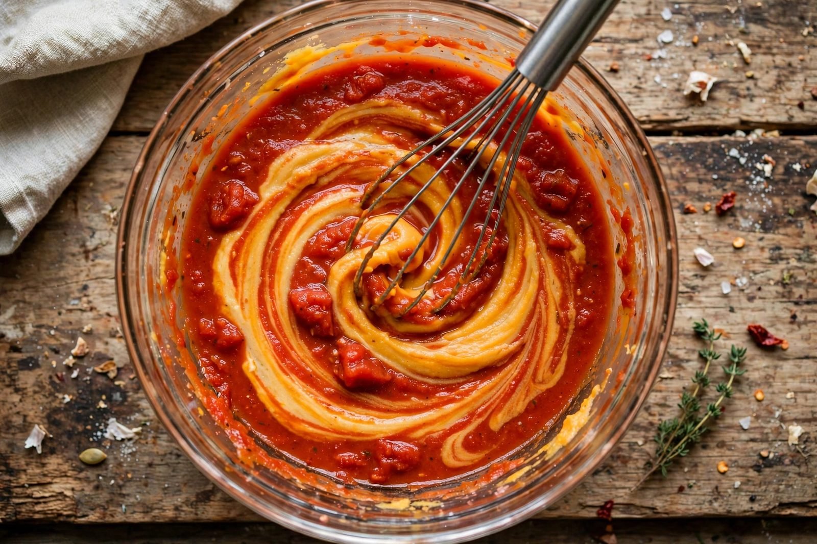 Overhead of pumpkin purée being whisked into marinara sauce. No people, no text.