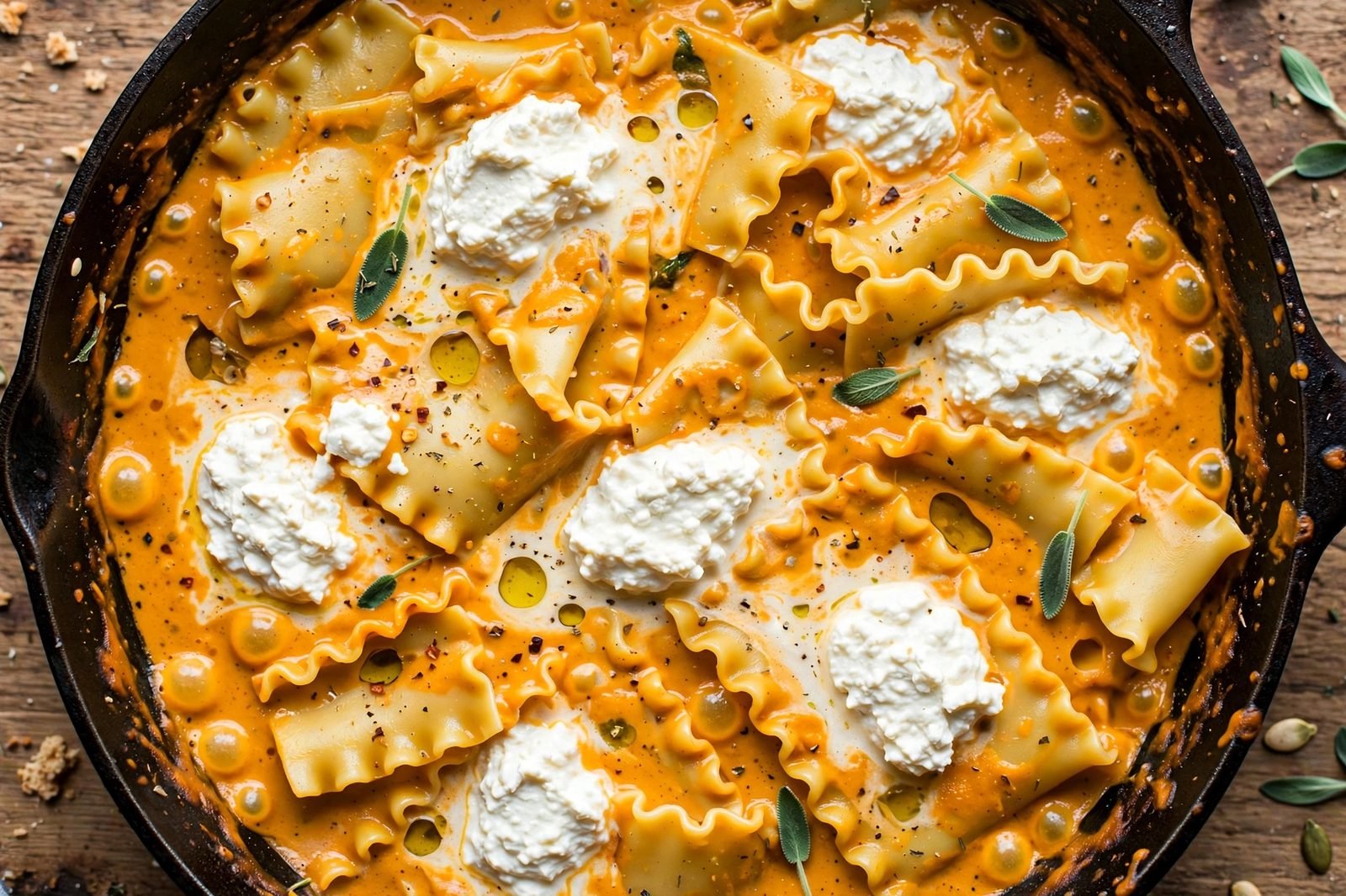 Overhead of ricotta dollops dropped over the simmered noodles. No people, no text.