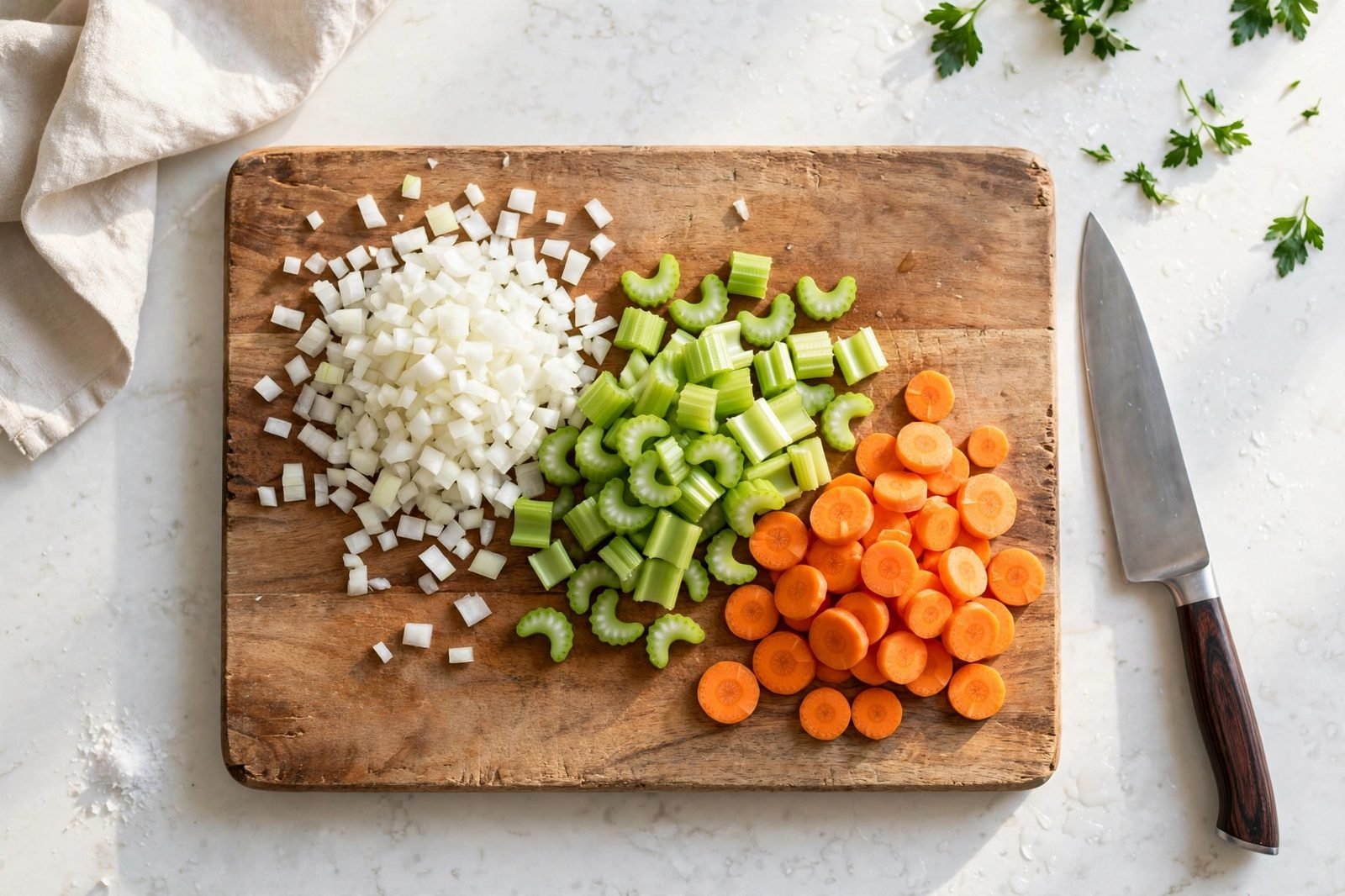 Diced onion, celery, and sliced carrots on a wooden cutting board. No people, no text.