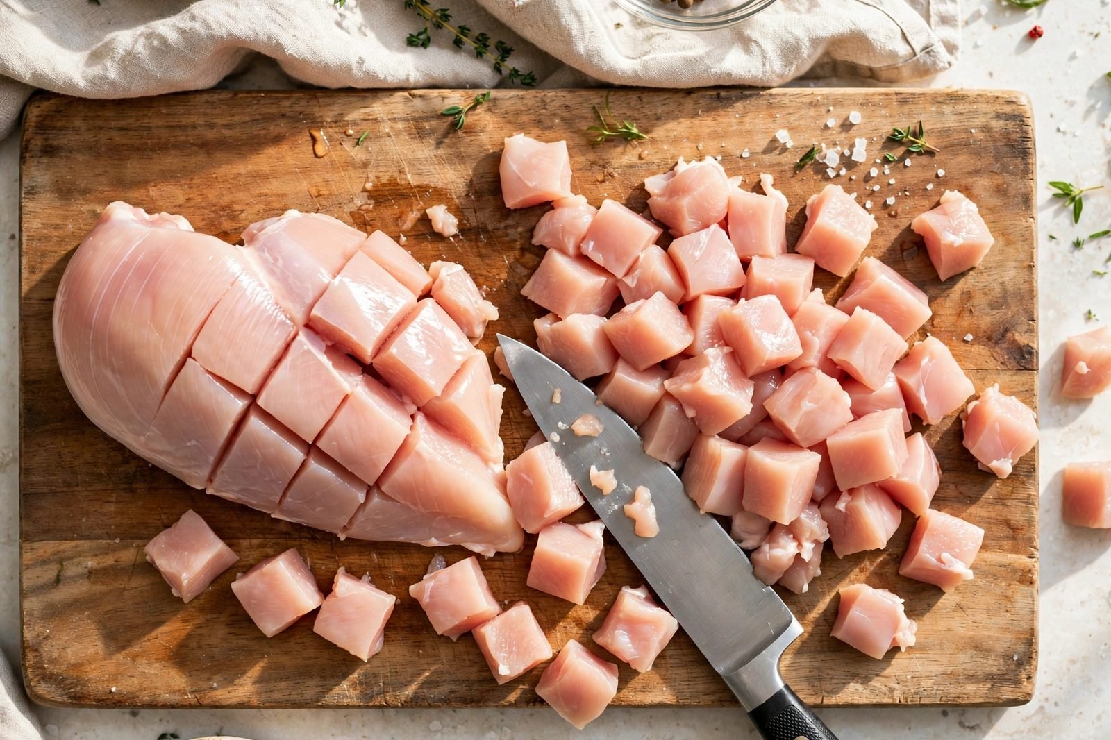 Raw chicken breast cut into bite-size cubes on a cutting board. No people, no text.