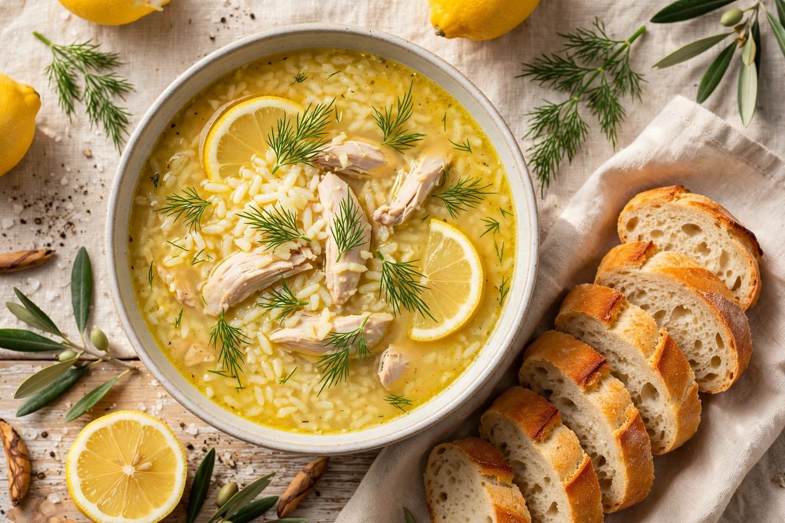 Bowl of silky golden Greek lemon chicken soup with rice, chicken, fresh dill, and lemon slices. No people, no text.