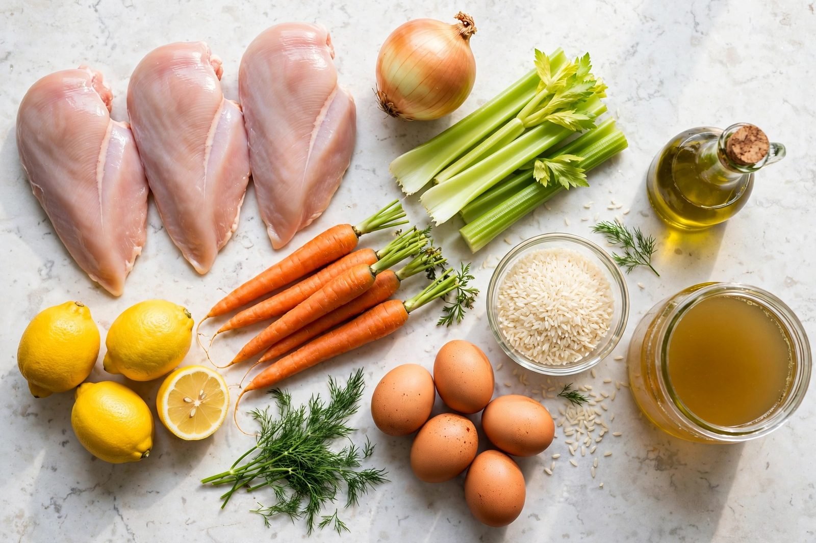 Ingredients for Greek lemon chicken soup arranged on a bright kitchen counter. No people, no text.