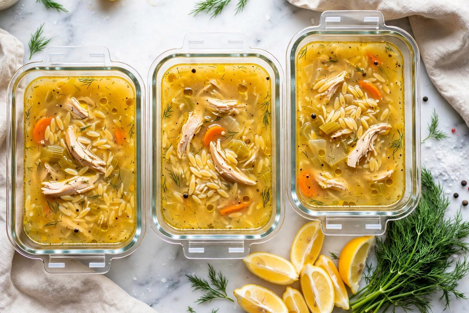 Glass meal-prep containers filled with Greek lemon chicken soup. No people, no text.