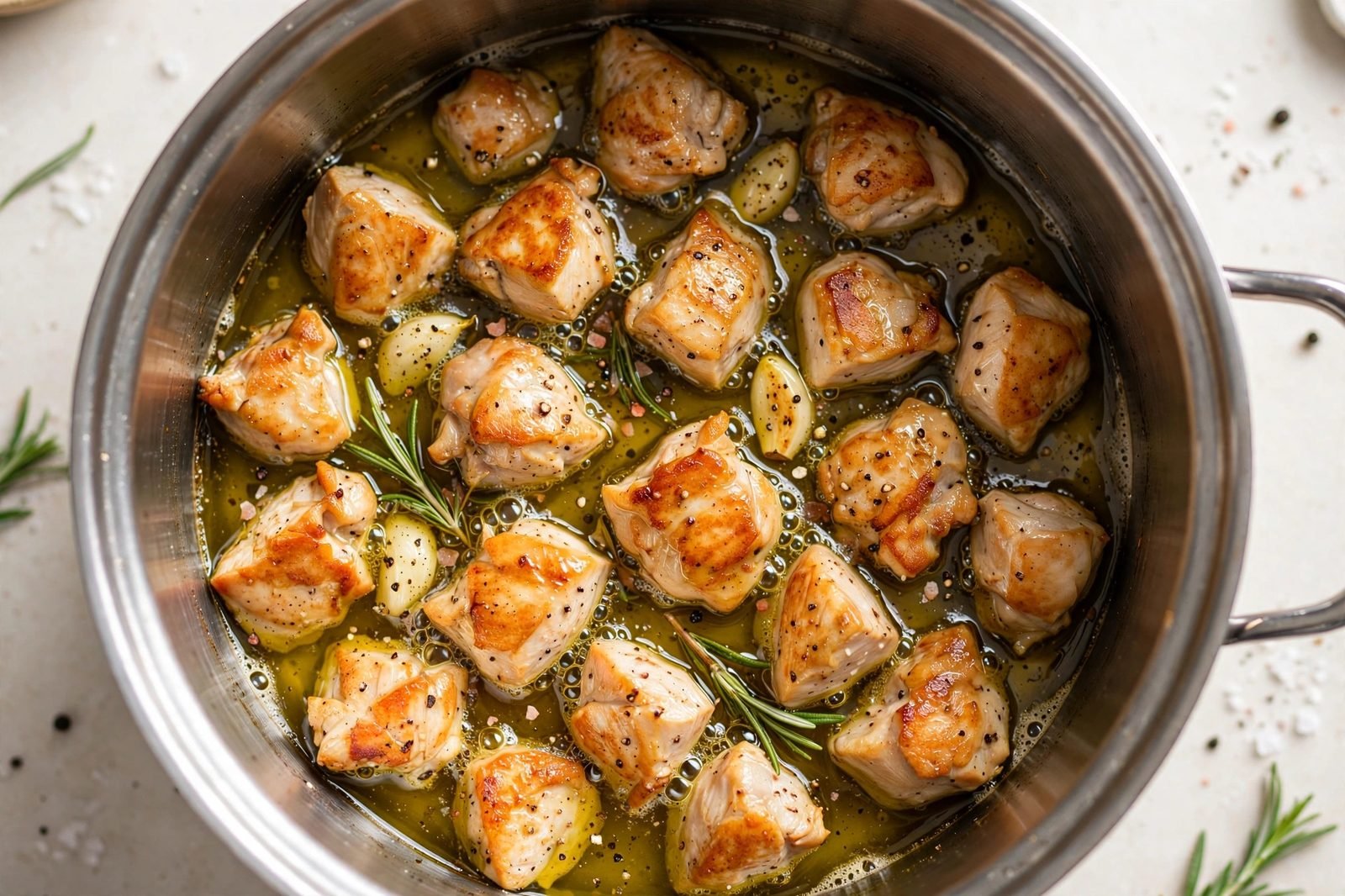 Chicken pieces searing golden in a large soup pot. No people, no text.
