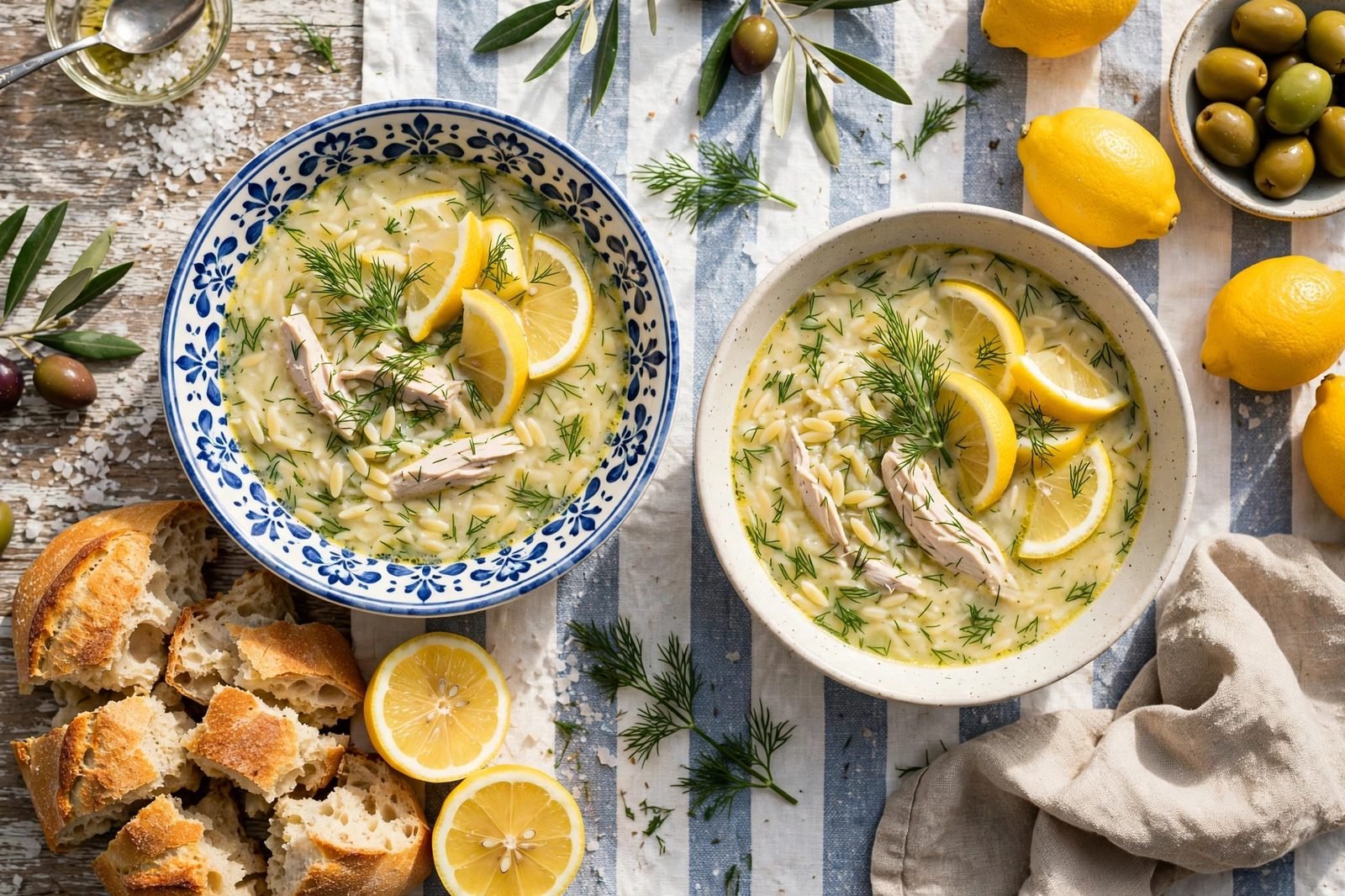 Two bowls of Greek lemon chicken soup with dill, lemon wedges, and crusty bread. No people, no text.