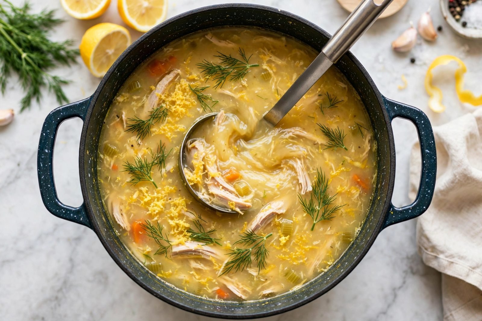 Silky golden lemon chicken soup being stirred with a ladle in the pot. No people, no text.