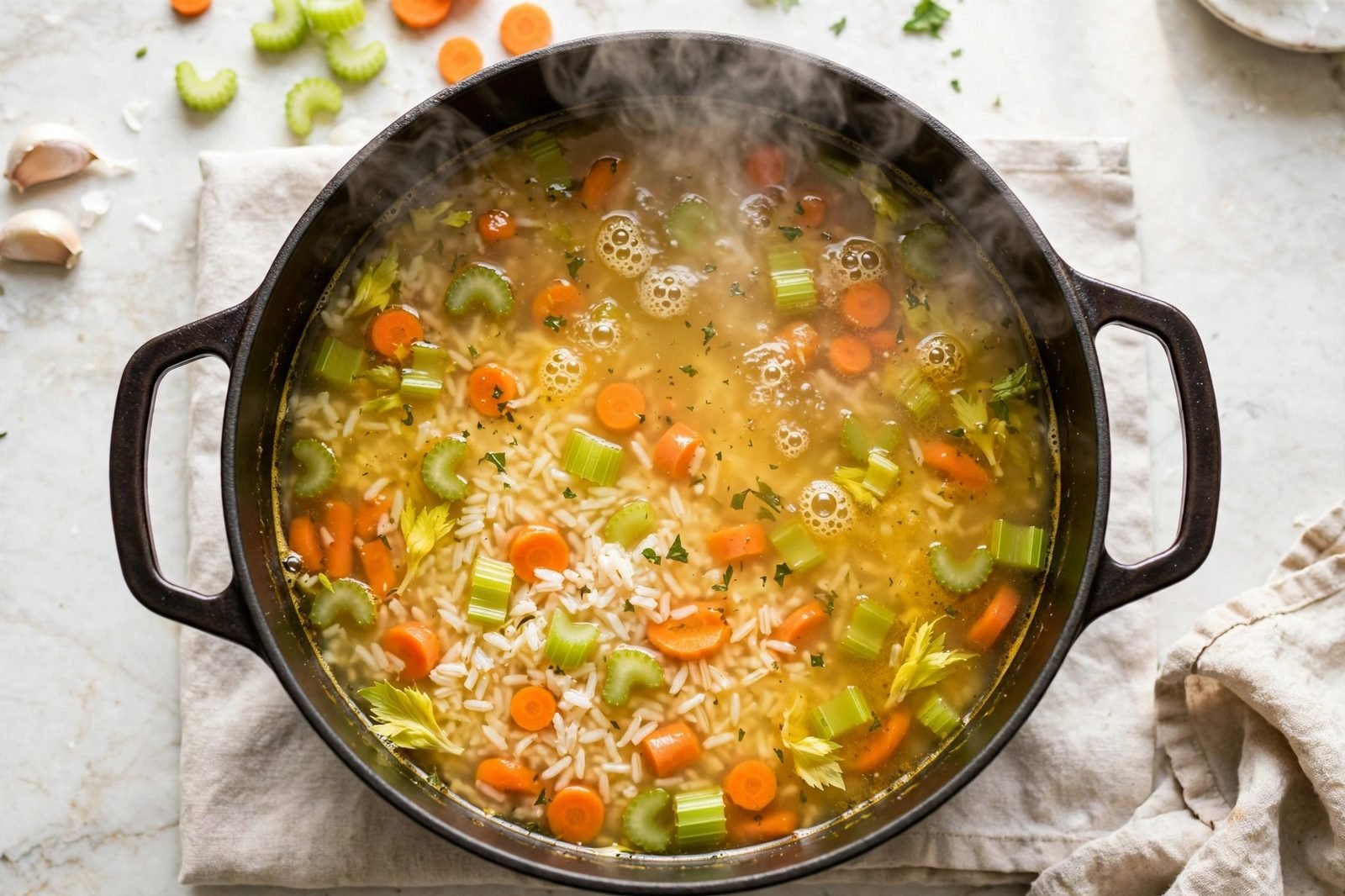 Golden broth simmering with rice, carrots, and celery in a soup pot. No people, no text.