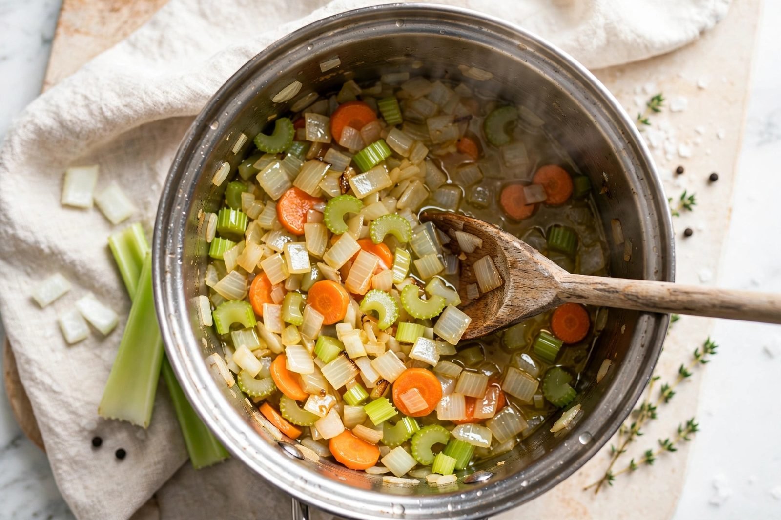Onion, celery, and carrots softening in a soup pot. No people, no text.