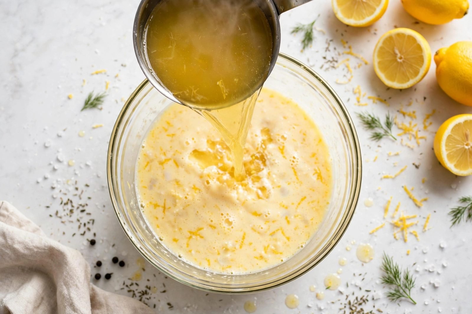 Hot soup broth being ladled into a bowl of whisked egg and lemon. No people, no text.