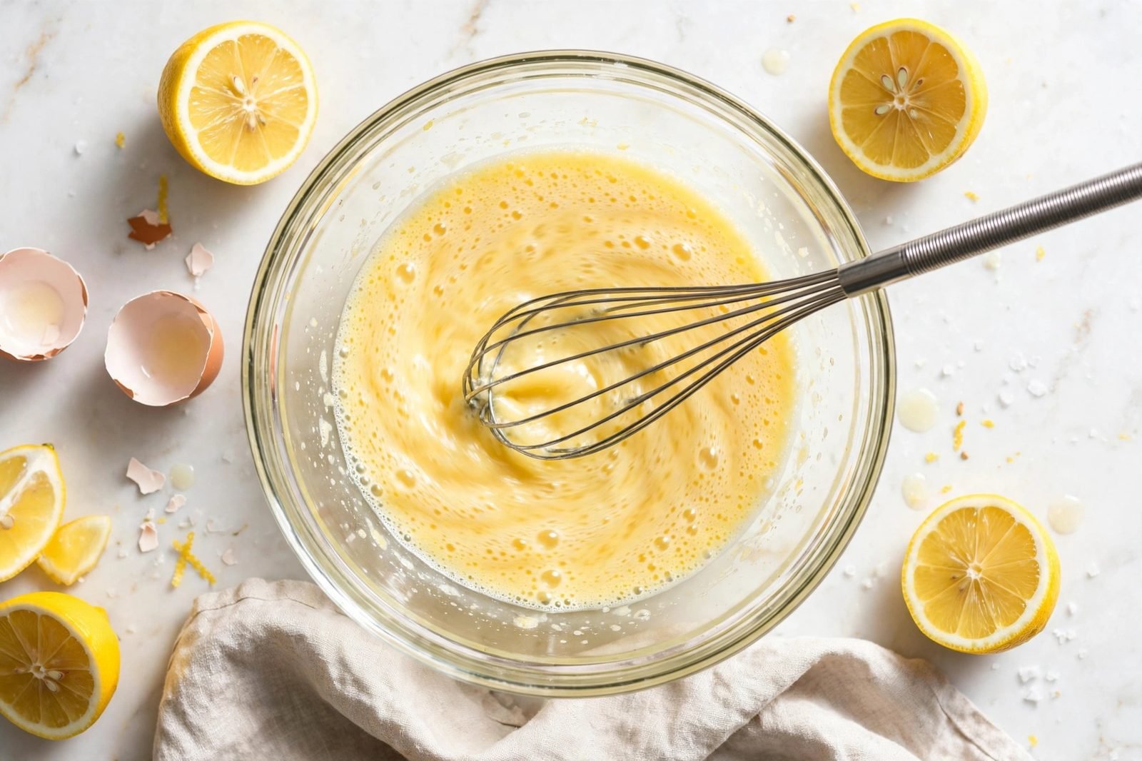 Eggs and fresh lemon juice whisked smooth in a glass bowl. No people, no text.